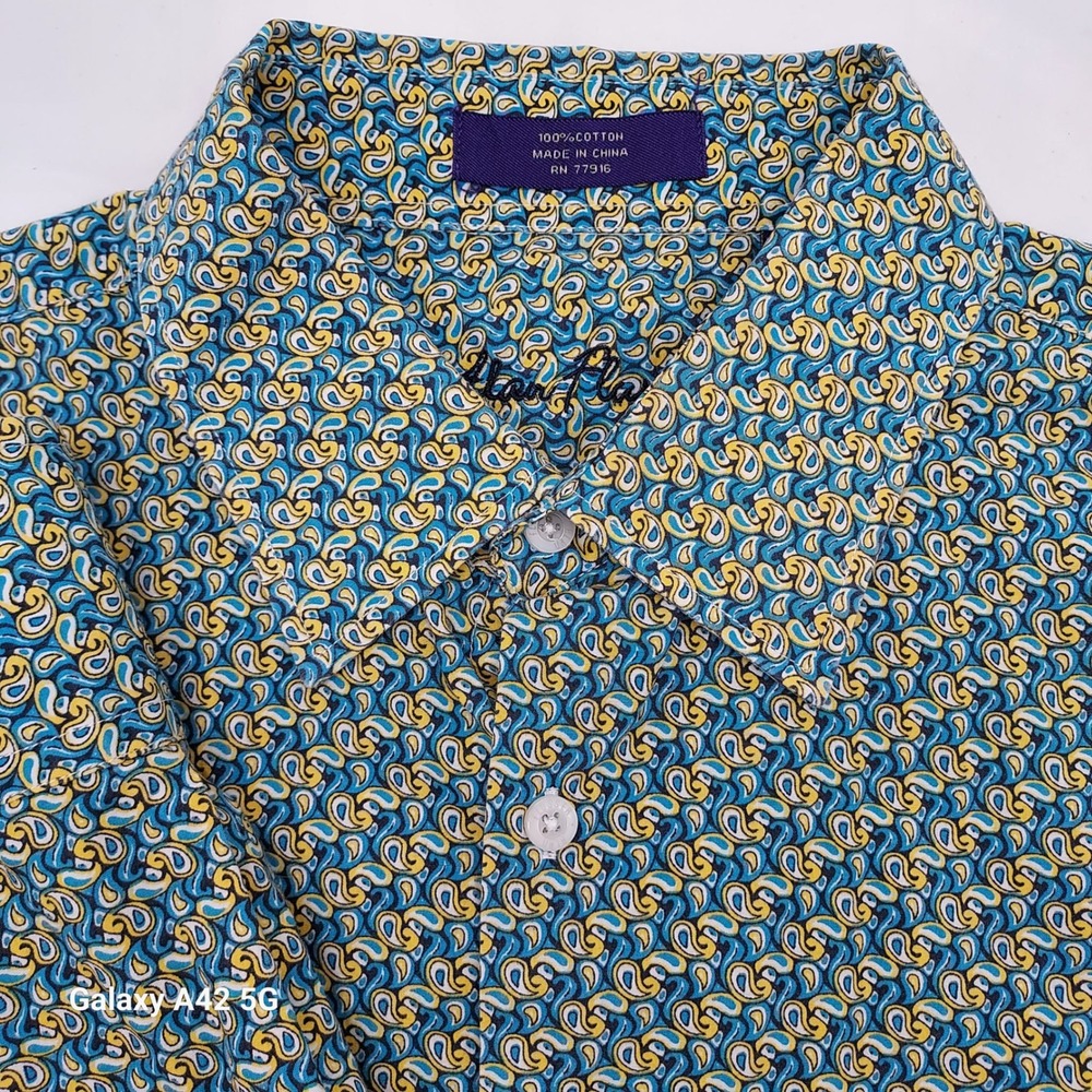 Alan Flusser Men XL Paisley Button Down Shirt Blue Yellow 100% Cotton Long Sleev